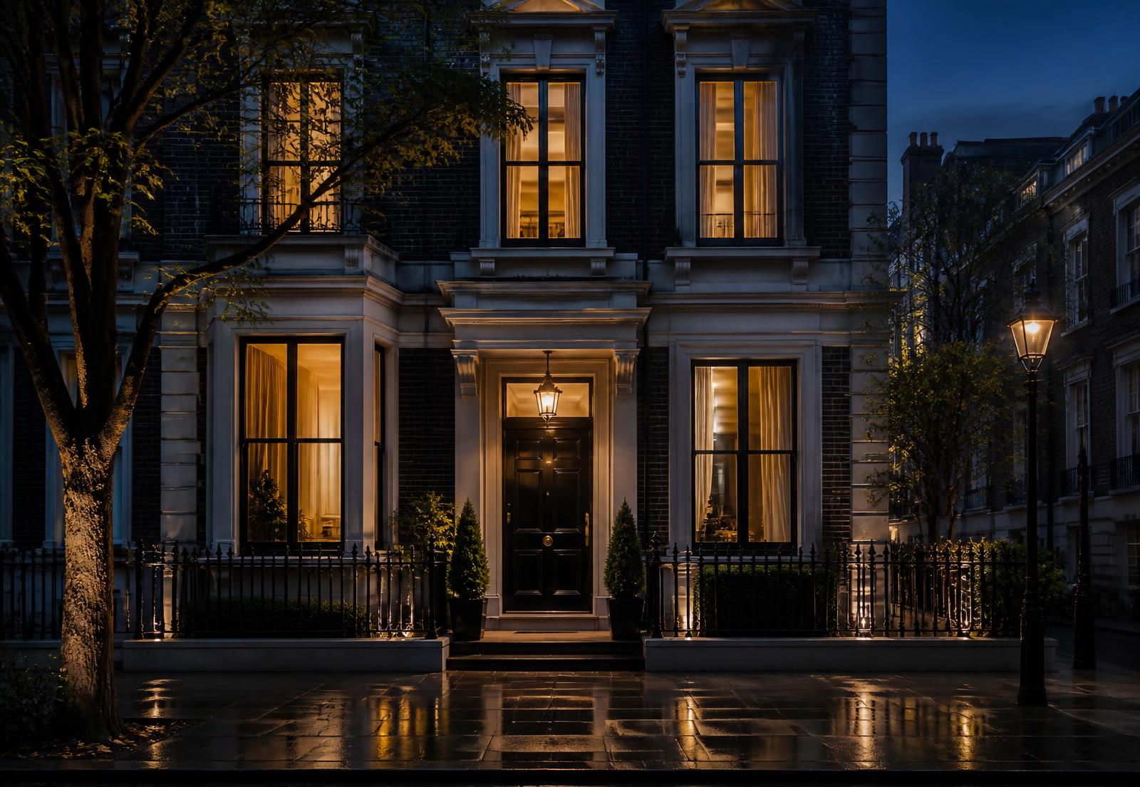 Illuminated period townhouse facade at dusk